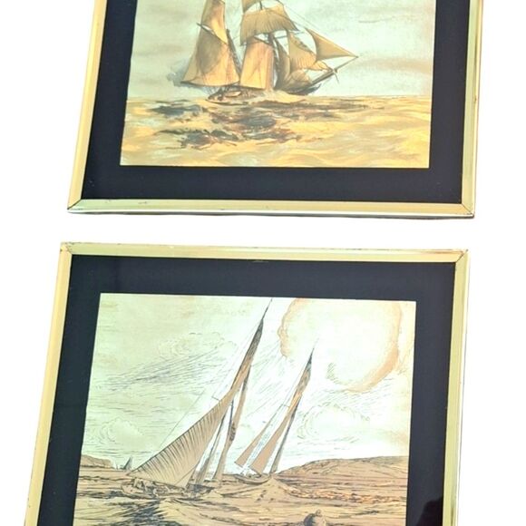 Vintage Dufex‎ Foil Art Prints Sailing Ships Framed Gold Black Pair 10 X 8 each - Picture 4 of 14